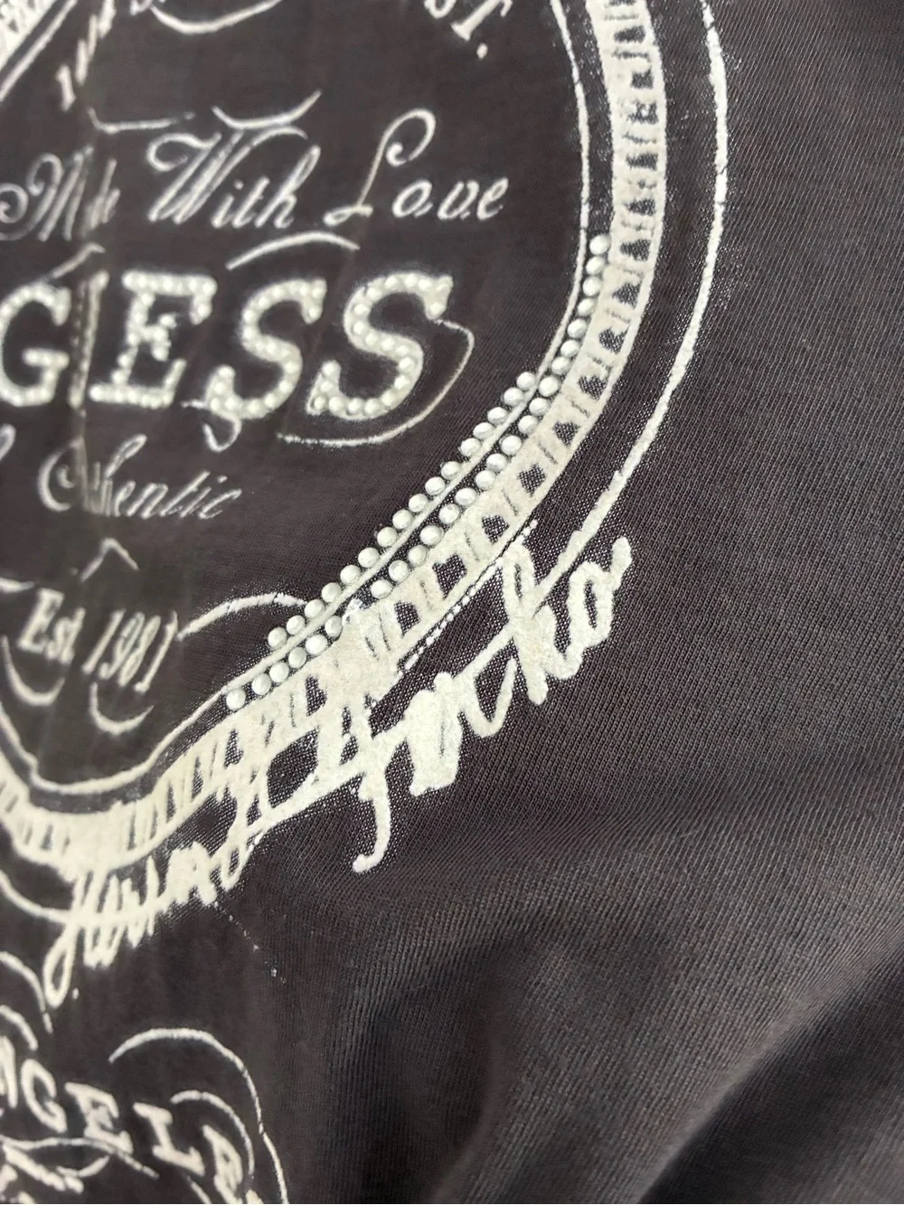 Guess Vintage Y2K 3/4 Sleeve Rhinestone Graphic Cotton Top